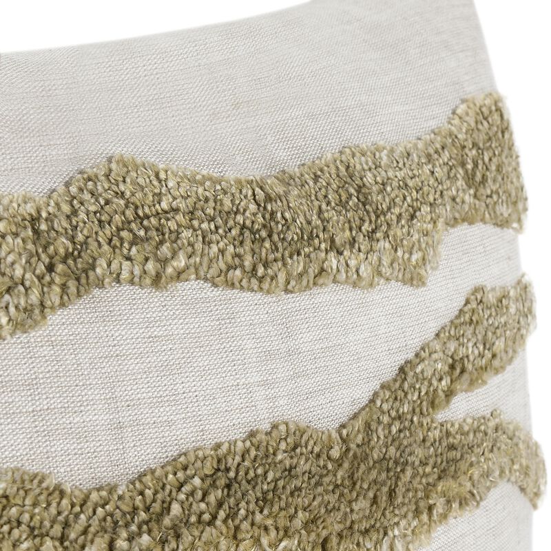 Poll Square Accent Throw Pillow, 22 Inch Green and Ivory Belgian Linen - Benzara