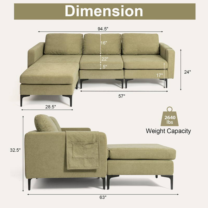 Costway Modular L-shaped 3 Seat Sectional Sofa w/ Reversible Chaise & 2 USB Ports