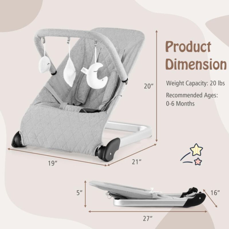 Hivvago Foldable Baby Bouncer with Removable Fabric Cover and Toy Bar-Gray