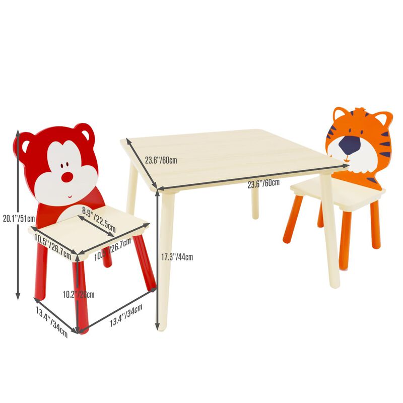 Hivvago Animal Designed Kid's Wooden Table with 2 Chair Set Activity Play Table Set (Bear Tiger)