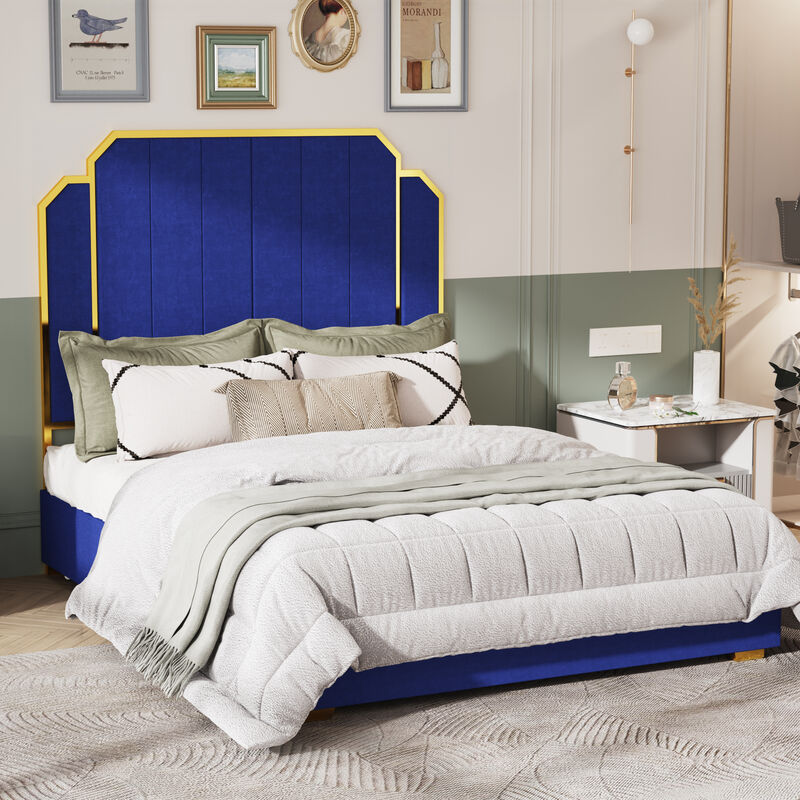 MONDAWE Queen Size Modern Platform Bed Frame and 59.06" Headboard, Upholstered Bed with Golden Plating Trim