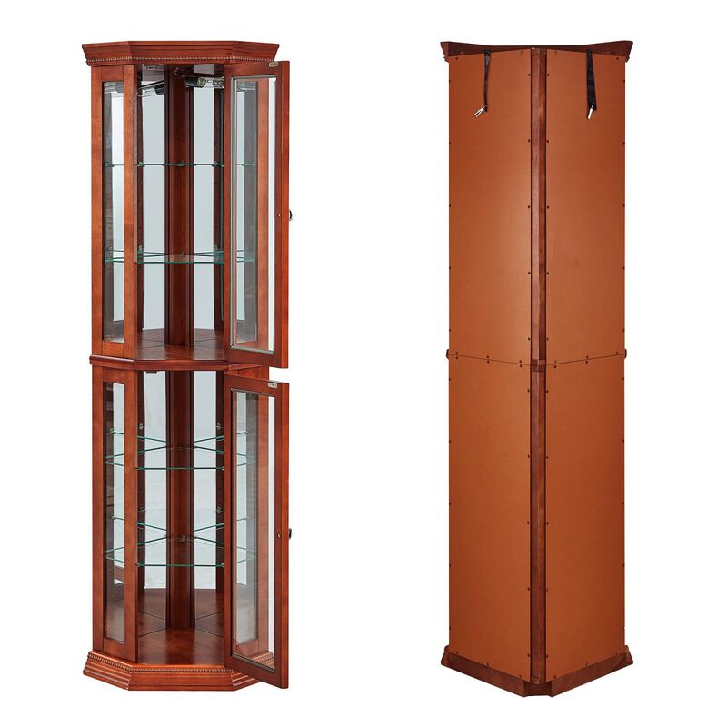 Walnut Corner Curio Cabinet with Lights & Adjustable Shelves