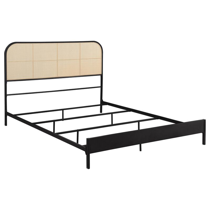 Ammy Queen Bed, Radio Weave Headboard, Brown Faux Rattan, Black Metal  - Benzara