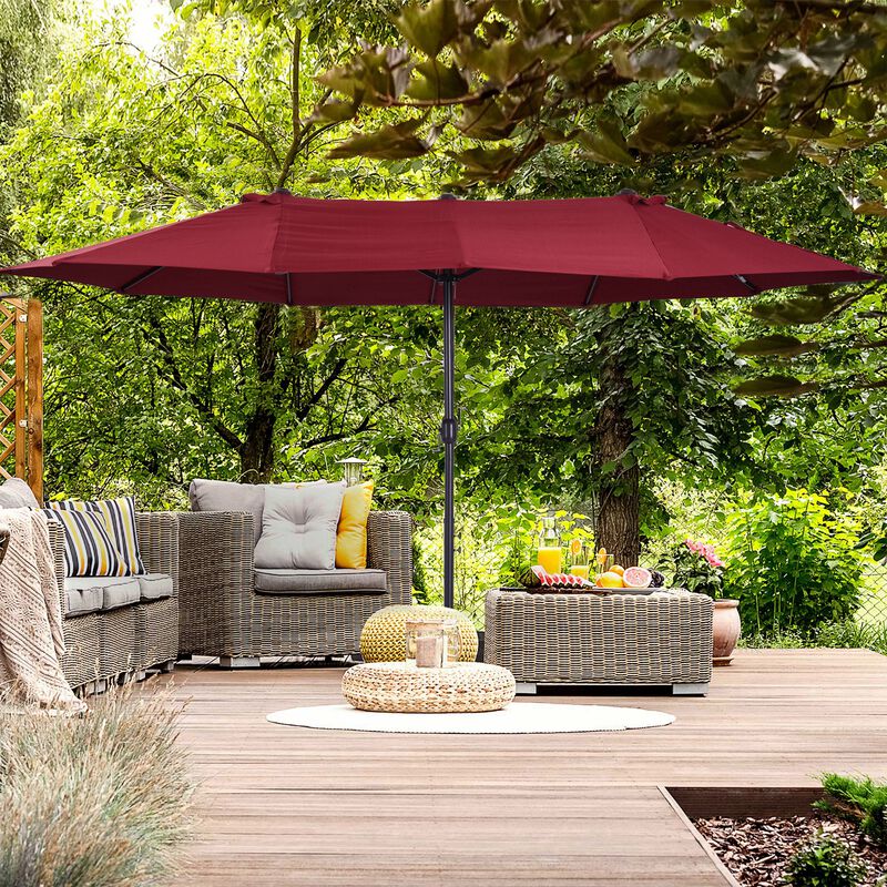 15' Outdoor Double Sided Market Patio Umbrella  Steel Rectangular - Wine Red