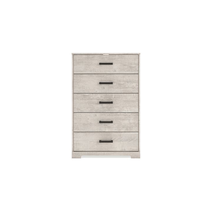 Shawn Tall Dresser Chest, 5 Drawers, Black Handles, Light Gray 46 Inch - Benzara