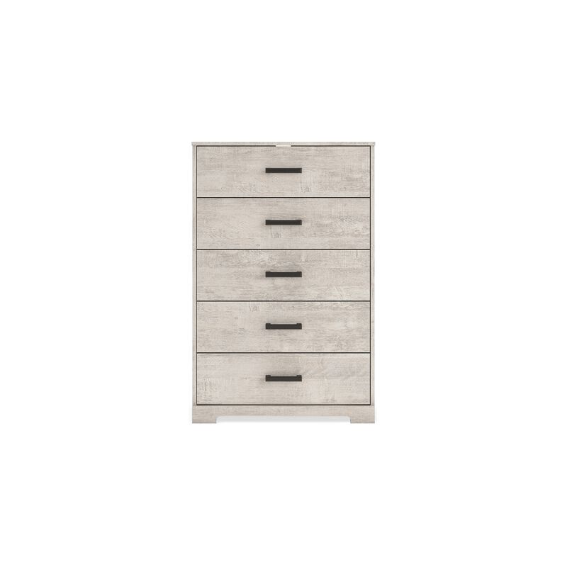 Shawn Tall Dresser Chest, 5 Drawers, Black Handles, Light Gray 46 Inch - Benzara
