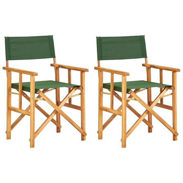 Folding Director's Chairs Set of 2, X Shape Base, Acacia Wood, Green - Benzara
