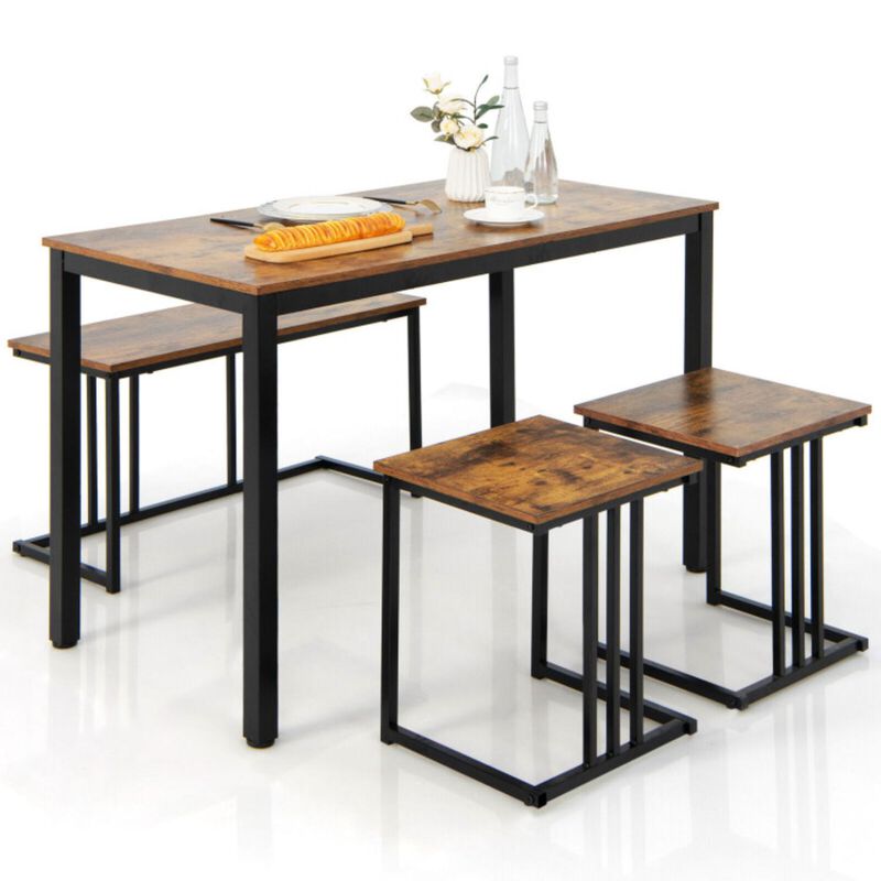 Hivvago 4 Pieces Industrial Dining Table Set with Bench and 2 Stools-Brown