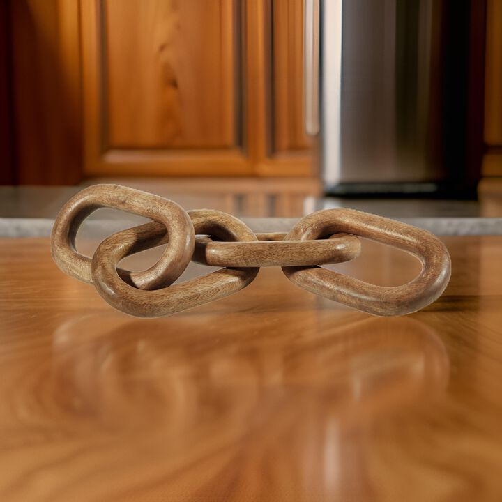 Delby Table Top Decor Sculpture, Wood Chain Link Design, Natural Brown Wood - Benzara