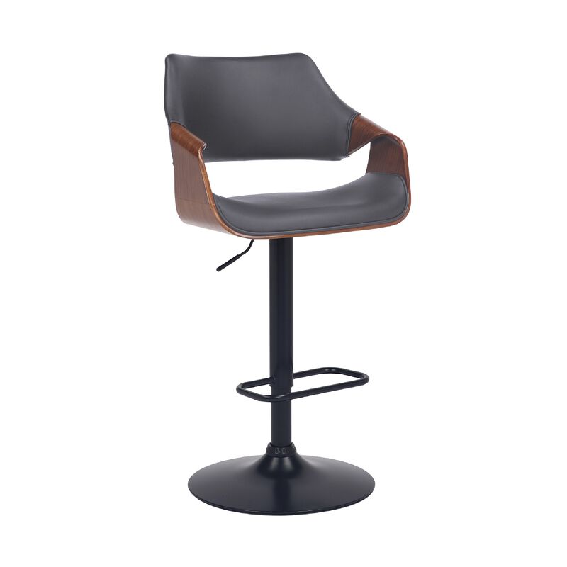 Adjustable Barstool with Faux Leather and Wooden Support, Black and Gray - Benzara