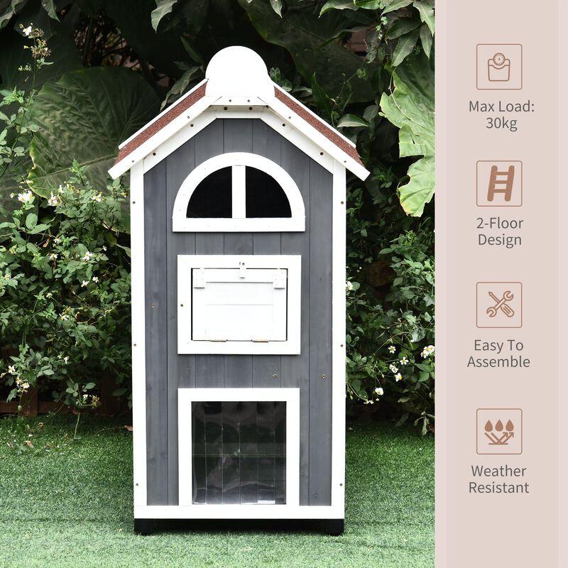 Grey/White Cat Castle: 43H 3-Floor Outdoor Wooden Kitten Condo