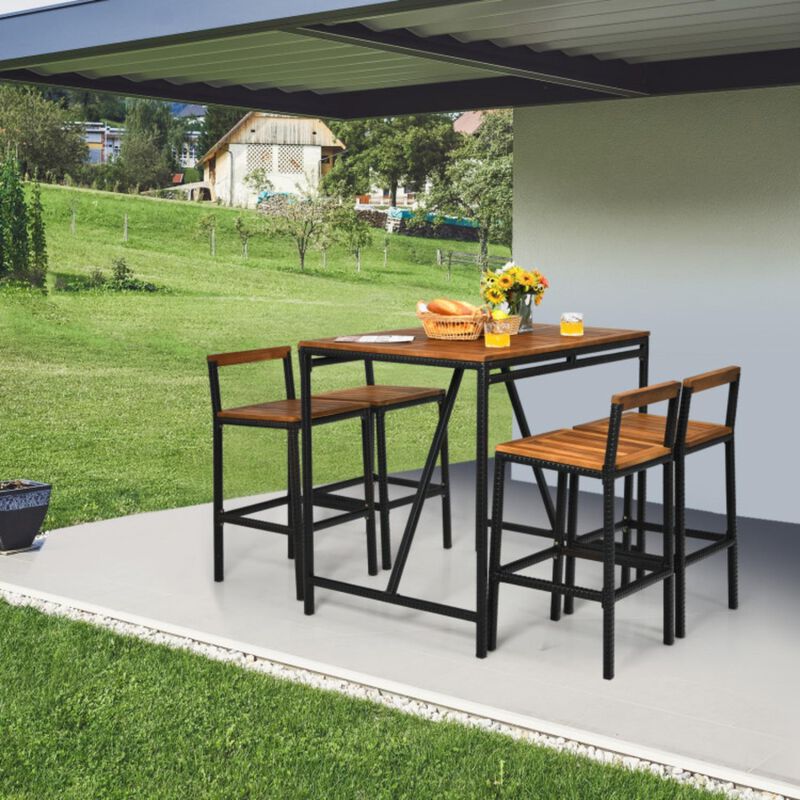 Hivvago 5 Pieces Outdoor Acacia Wood and PE Rattan Bar Set