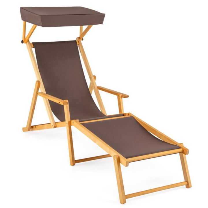 Hivvago Birch Wood Chaise Lounge Chair Foldable Beach Chair with Adjustable Canopy