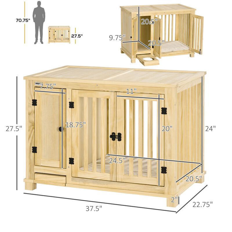 Natural Pet Furniture: Stylish Wooden Dog Crate with Cushion & Drawer