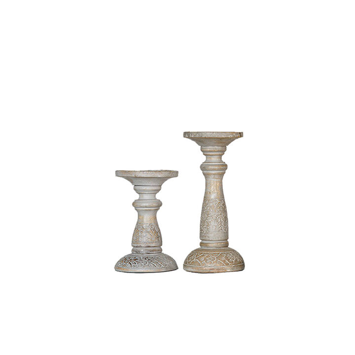 Traditional Gray Wash Eco-friendly Handmade Mango Wood Set Of Two 9" & 12" Pillar Candle Holder BBH Homes