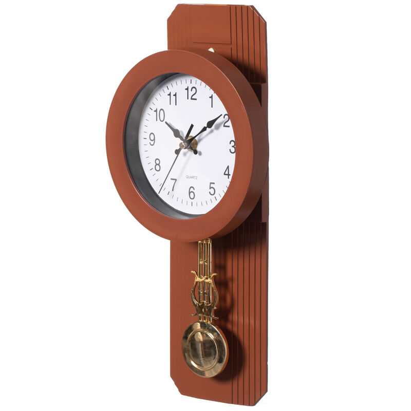 Wood-Look Pendulum Plastic Wall Clock, Farmhouse Decor for Living Room, Kitchen, or Dining Room, Silent Clock with Roman Numerals, Battery Powered, Large Decorative Wall Clock, Easy-to-Read, Black