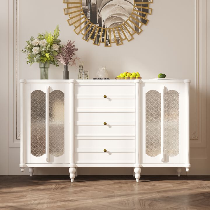 FUFU&GAGA Modern White MDF Storage Cabinet – 3 Spacious Drawers & 2 Glass-Door Compartments, Cylindrical Legs (59.1" W x 15.7" D x 35.4" H), White