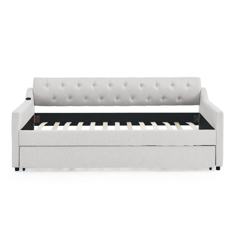 Twin Size Upholstery Day Bed With Twin Size Erectable Trundle And USB Charging Design, Linen Beige