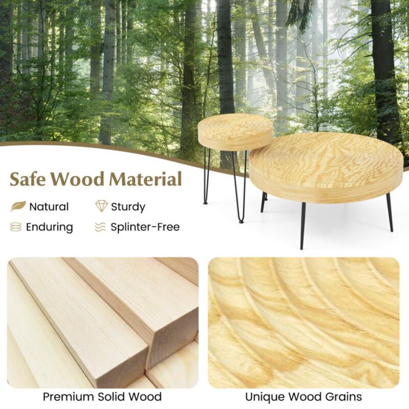 Hivvago Set of 2 Solid Wood Ring Pattern Farmhouse Round Coffee Tables