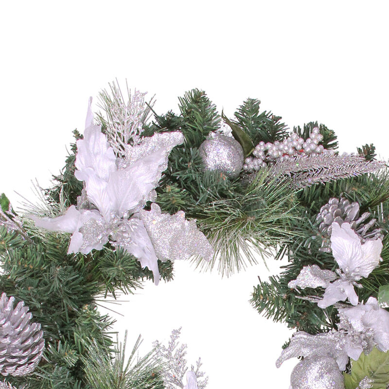 White Poinsettia and Pine Cone Artificial Christmas Wreath  24-Inch  Unlit