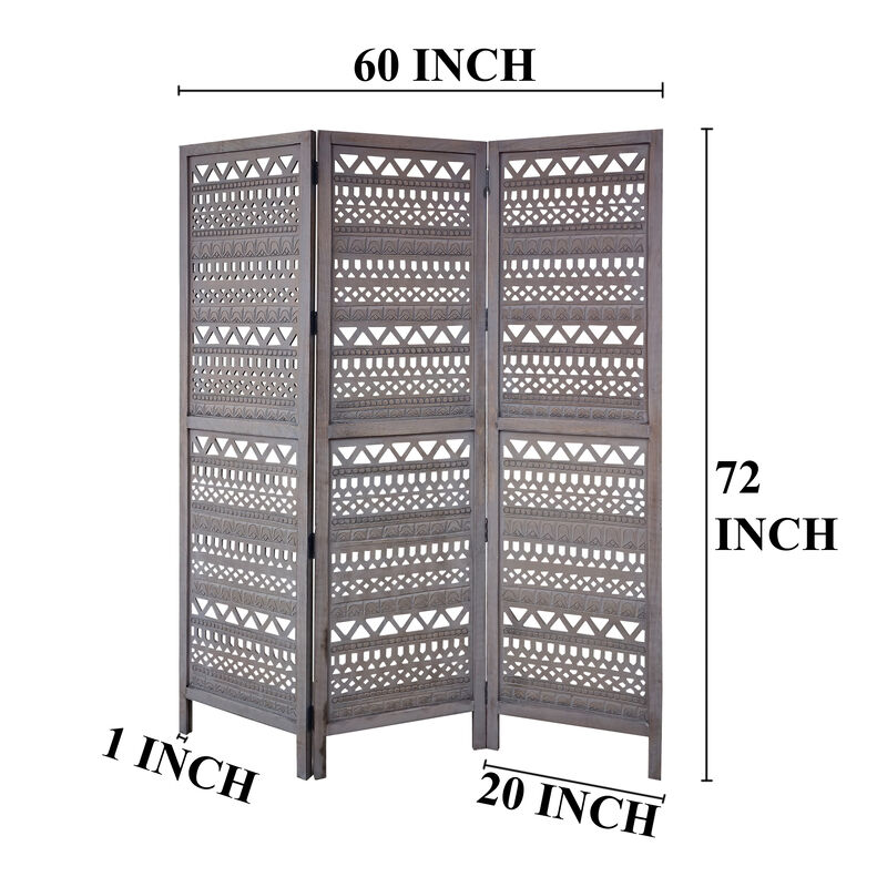 Karma 3 Panel Folding Room Divider Screen, Antique Gray Mango Wood, Inticate Cut out Geometric Design