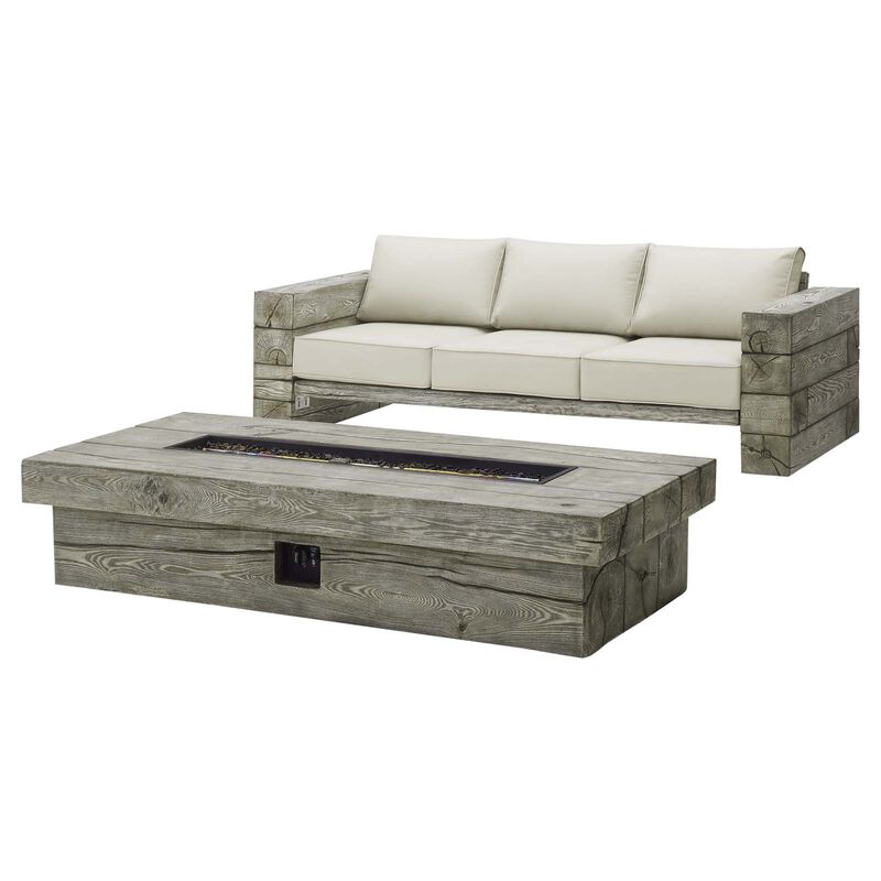 Modway - Manteo Rustic Coastal Outdoor Patio Sunbrella® Sofa and Fire Pit Set Light Gray Beige