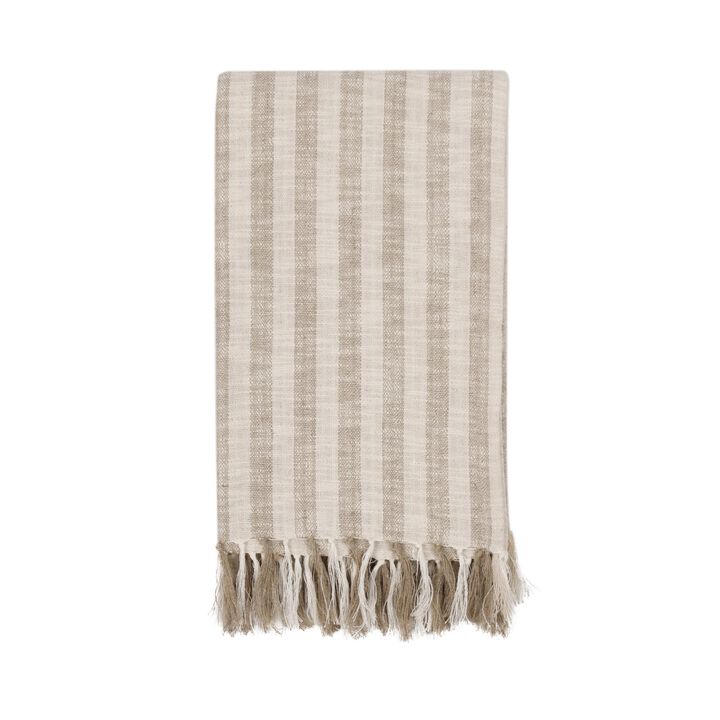 Rezza Throw Blanket, 50x70 Ivory White Cotton, Woven Stripes, Tassels - Benzara