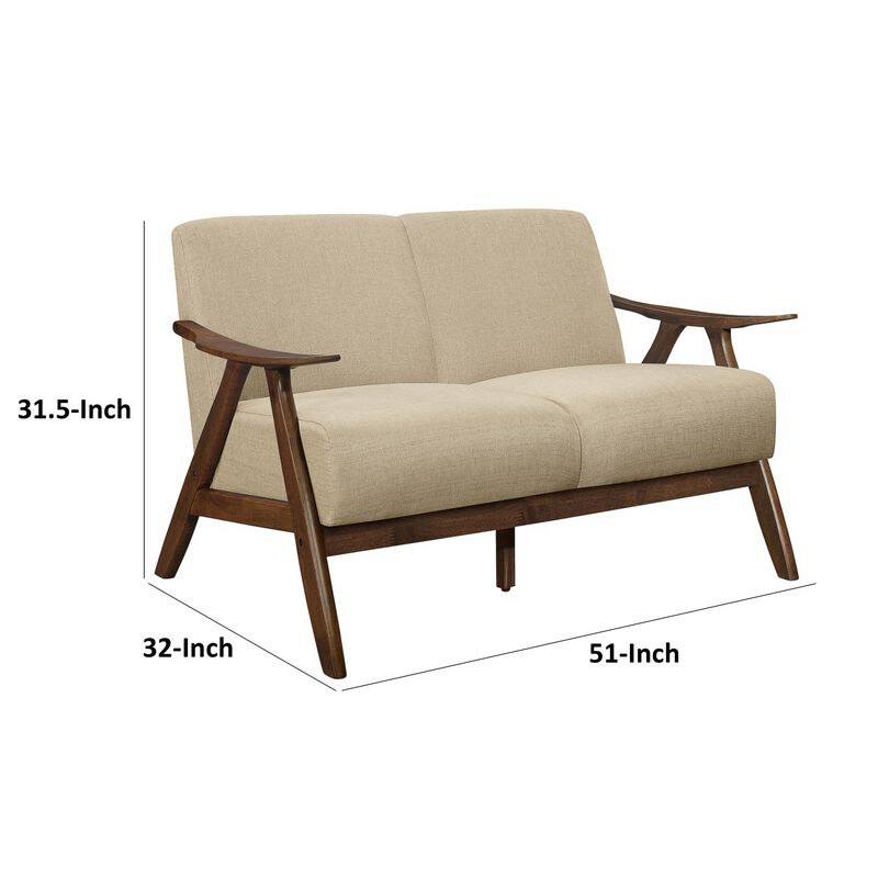 Indy 51 Inch Loveseat, Brown Rubberwood Angled Frame, Textured Beige Fabric - Benzara
