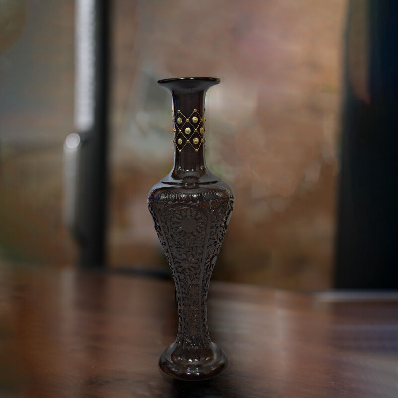 Antique Decorative Brown Hand Curved Mango Wood Floor Flower Vase with Unique Textured Pattern, 30 Inch