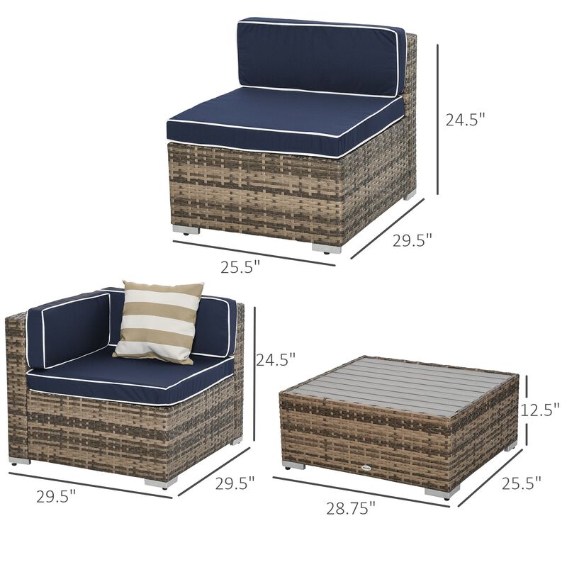 Blue Patio Ensemble: 7-Piece PE Rattan Wicker Sofa Set with Wood Table
