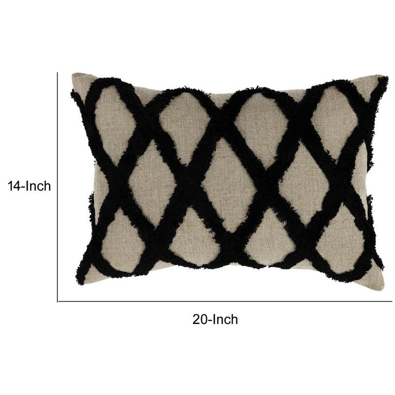 Lo 14 x 20 Lumbar Linen Accent Throw Pillow, Tufted Diamond Pattern, Black-Benzara