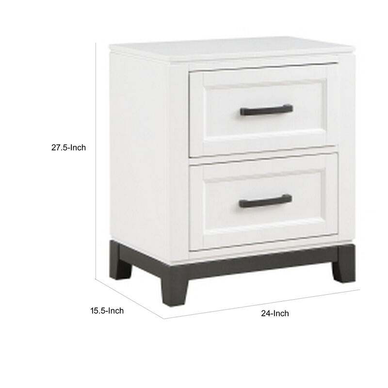 Thiem 28 Inch Nightstand with 2 Drawers, Black Handles, White Wood Finish - Benzara