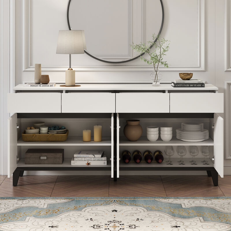 Sideboard Buffet Storage Cabinet with Doors and 4 Drawers, Kitchen Cupboard Cabinet with Adjustable Shelves in White