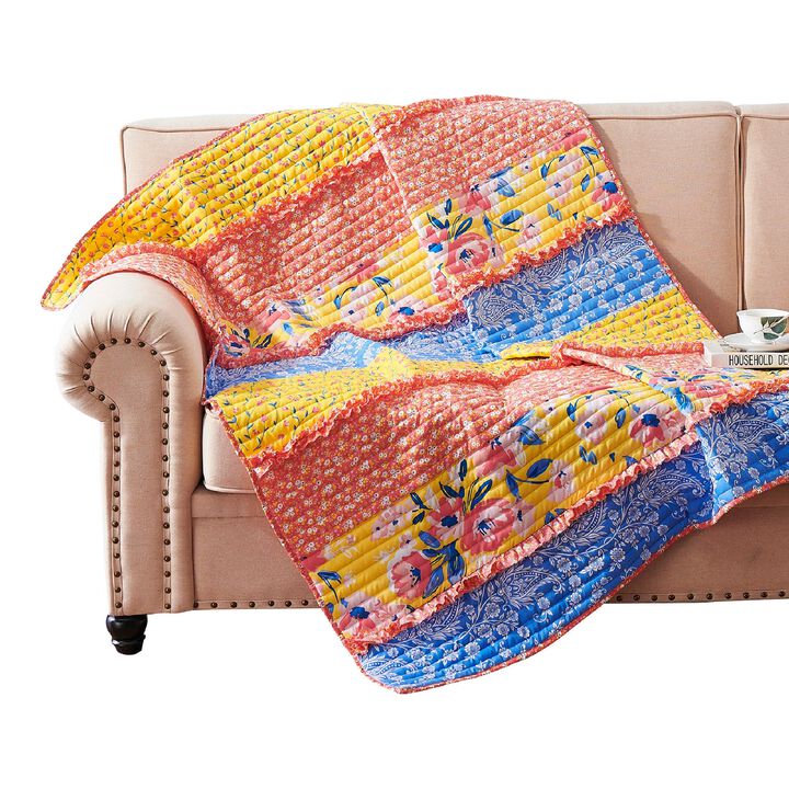 Lio 60 x 50 Quilted Ruffled Throw Blanket, Polyester Fill, Multicolor-Benzara