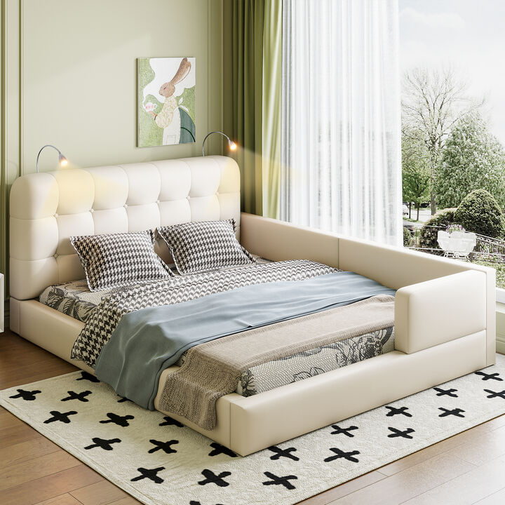 Merax PU Leather Upholstered Platform Bed with 2 Reading Lights