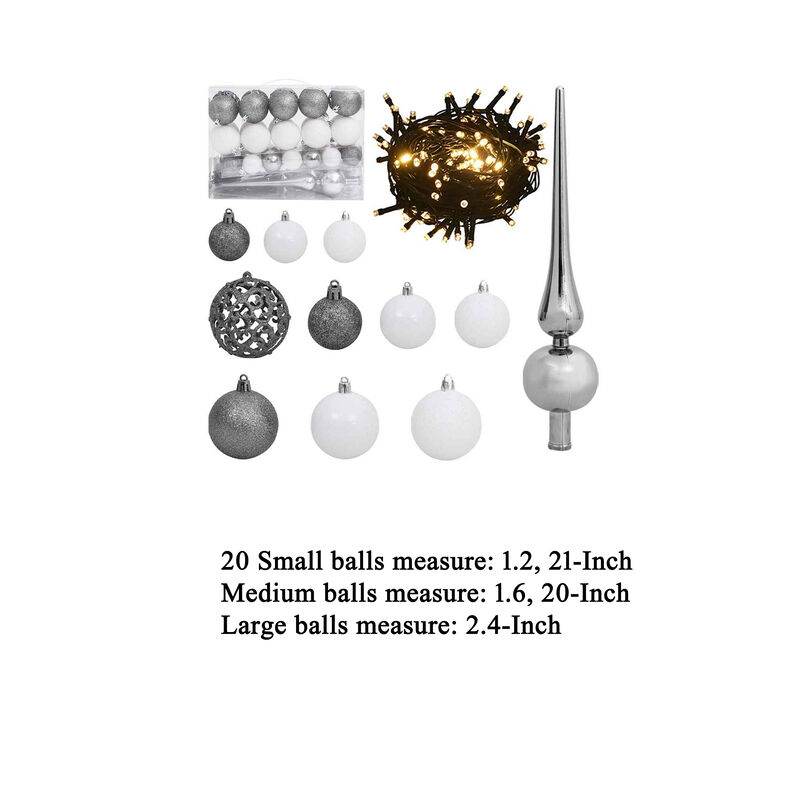 61pc Christmas Ornament Set w Topper, LED String Lights, White Silver - Benzara