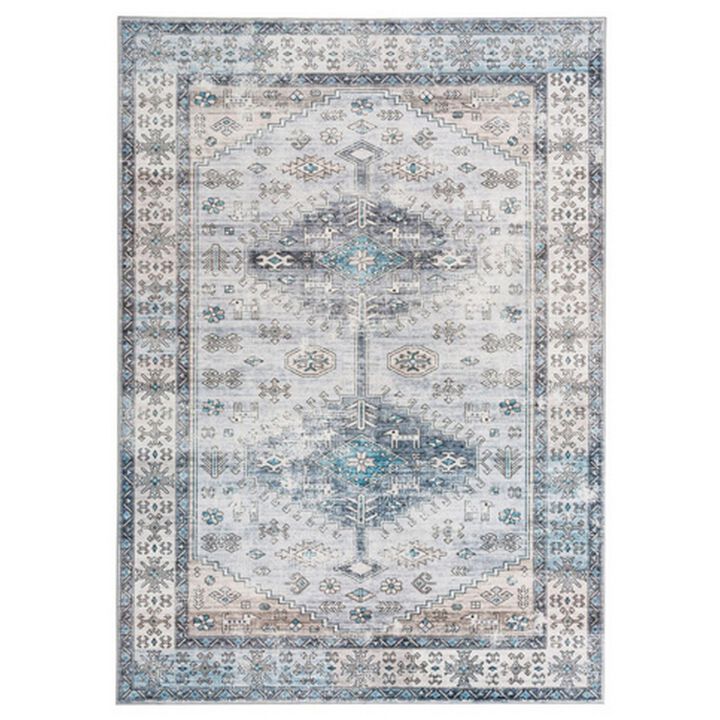Nyx 10 x 8 Large Soft Fabric Floor Area Rug, Vintage Blue Border Design - Benzara