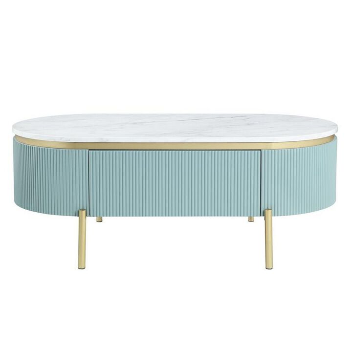 Ville 48 Inch Oblong Coffee Table, White Faux Marble Top, Teal Reeded Edges-Benzara