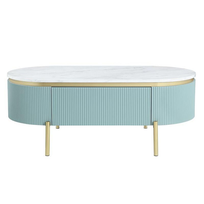 Ville 48 Inch Oblong Coffee Table, White Faux Marble Top, Teal Reeded Edges-Benzara