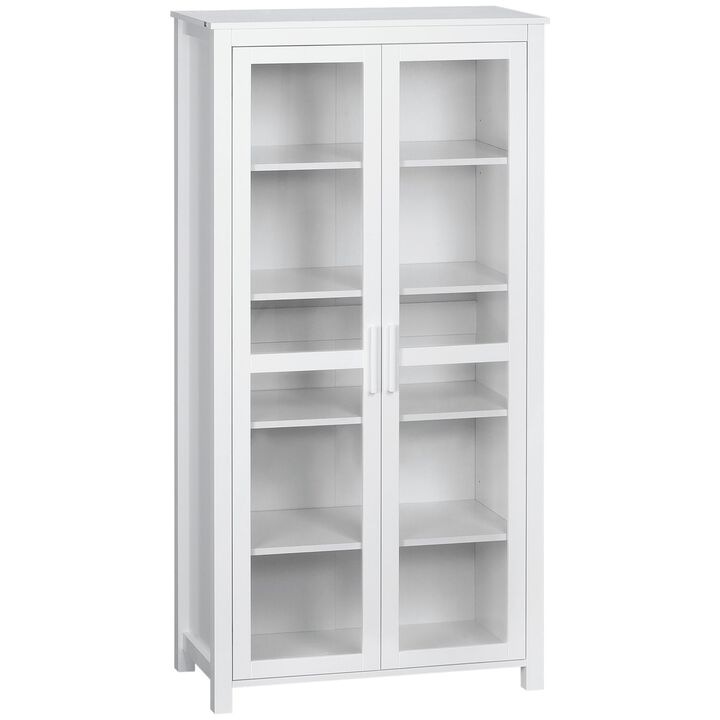 White Kitchen Tower: 5-Tier Pantry with Glass Doors
