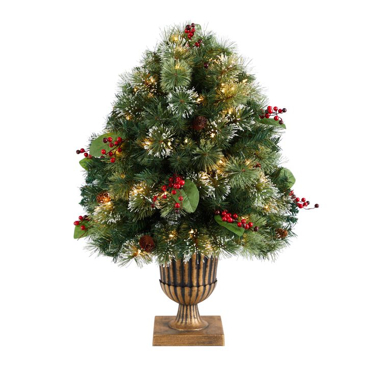 Hivvago 3 Feet Holiday Pre-Lit Snow Tip Greenery, Berries and Pinecones Artificial Christmas Plant in Urn with 100 LED Lights, Indoor Outdoor Patio Porch Decor