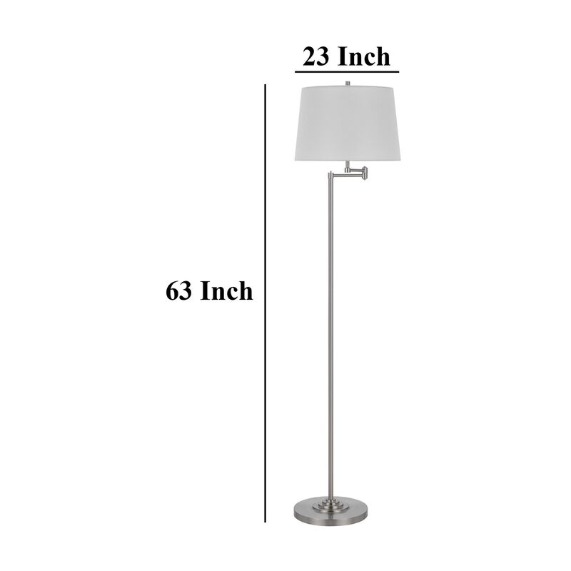 Tomi 63 Inch Floor Lamp, Double Swing Arm, Brushed Steel, White Shade - Benzara