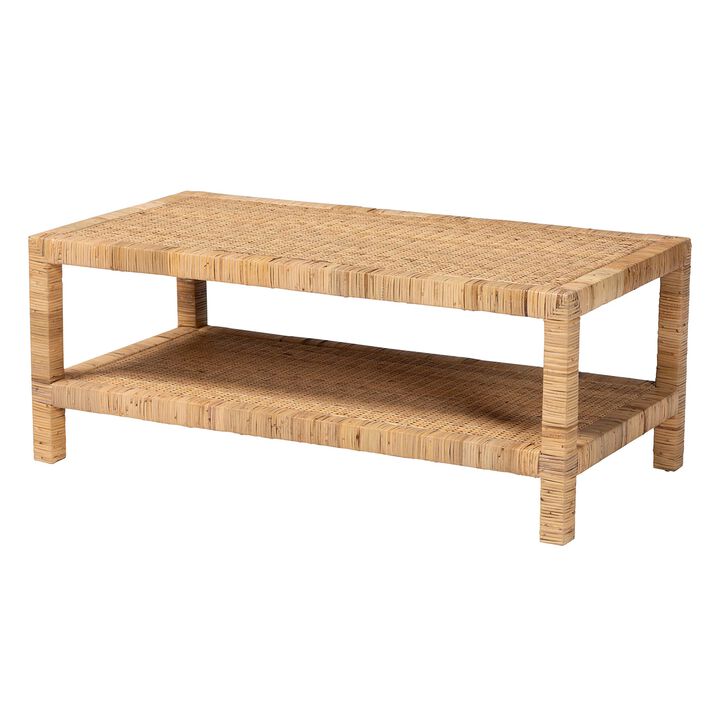 Bali & Pari Kalimantan Bohemian Light Honey Rattan and Mahogany Wood Rectangle Coffee Table