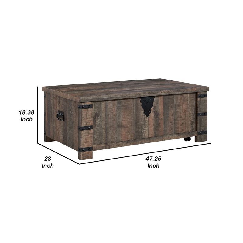 Classic 47 Inch Coffee Table, Lift Top Concealed Storage, Rustic Brown Wood-Benzara