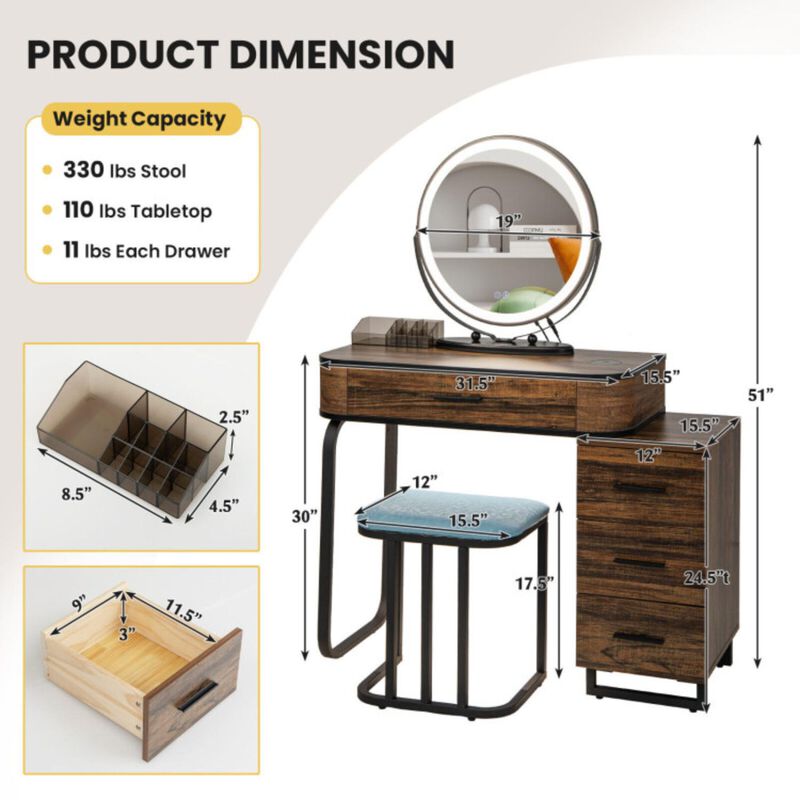Hivvago Vanity Table Set with 3-Color Lighted Mirror and Charging Station-Brown