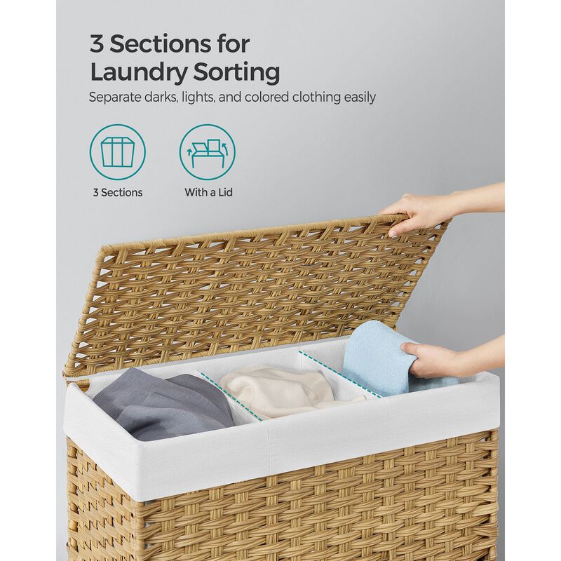 Handwoven 160L Rattan-Style Laundry Hamper with 3 Compartments and Removable Liner