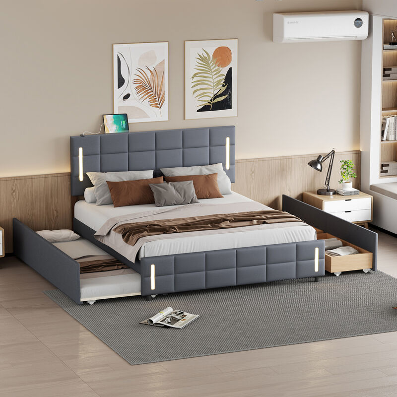 Streamdale Queen Size Upholstered Platform Bed With Trundle And Drawers, Gray