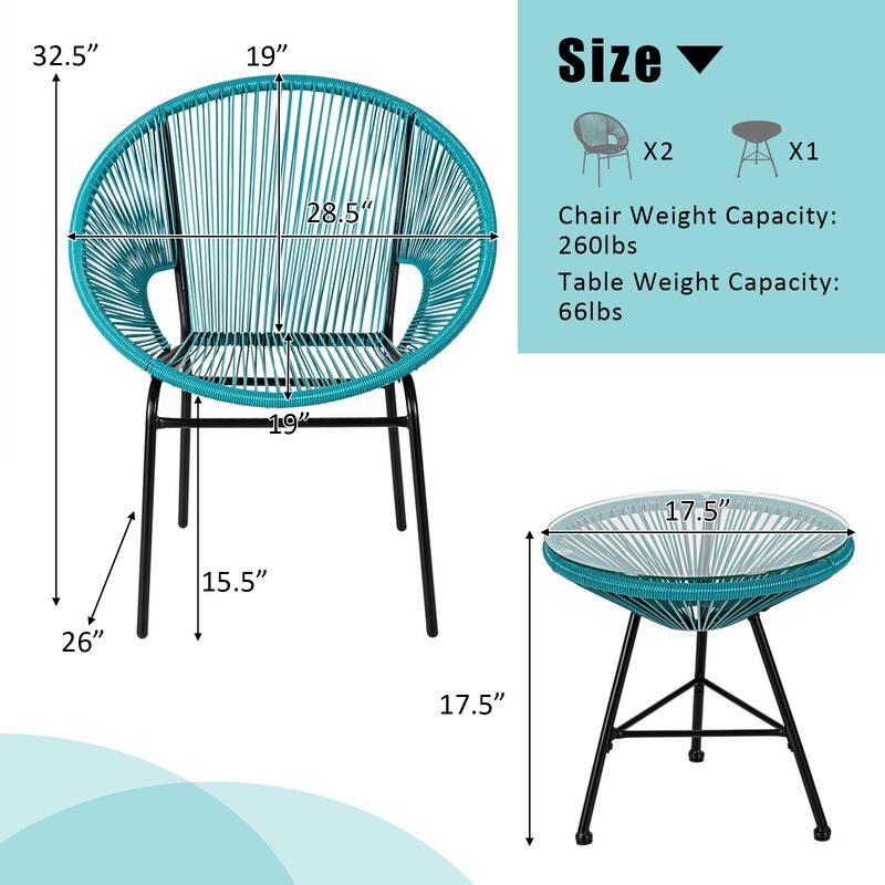 3 Pieces Patio Acapulco Furniture Bistro Set with Glass Table