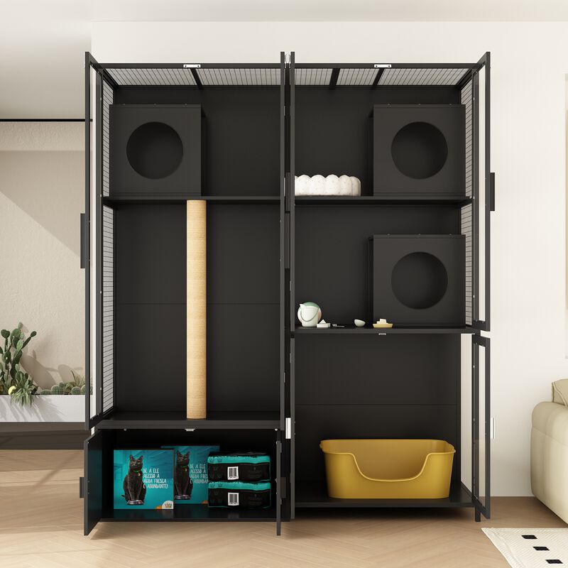 FUFU&GAGA 3-Level Cat Tower with Jumping Platform, Sisal Scratching Posts, Acrylic Doors & Storage Cabinet, (63" Lx 23.6"W x 74.8"H), Black