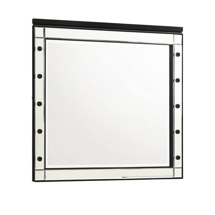 Lee 37 x 40 Vanity Mirror, 10 Light Bulb Sockets, Modern Black Wood Frame - Benzara